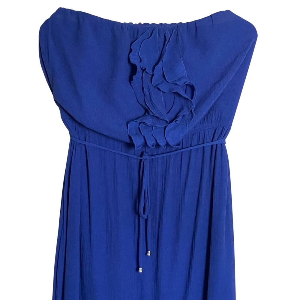 Corey P Womens Blue Strapless Maxi Dress Large Ruffle Front Tie Waist Textured - Picture 5 of 14